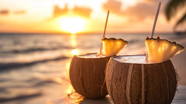 Coconut cocktails at sunset on the beach
