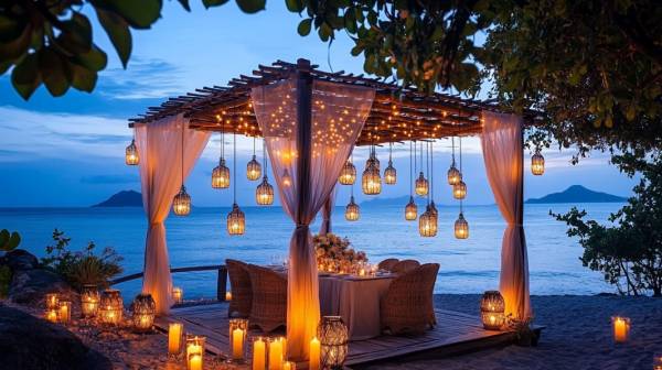 Beachside wedding canopy with hanging lanterns at sunset