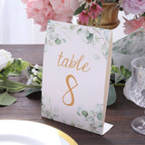 25 Pack White Green Double Sided Paper Table Sign Cards with Eucalyptus Leaves