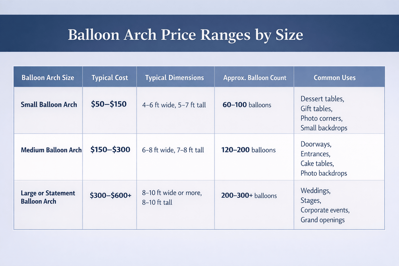 Table of Balloon Arch Price Range Based on Size