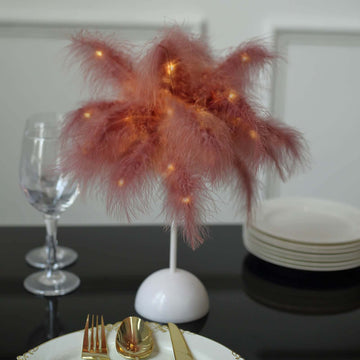 Table Lamp Feather Design Cinnamon Rose LED Battery Operated - Cordless Wedding Centerpiece 15"