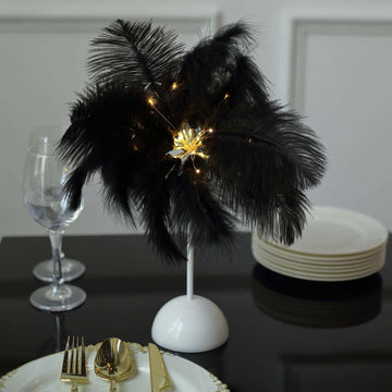 Table Lamp Ostrich Feather Design Black LED Battery Operated - Cordless Wedding Centerpiece 15"