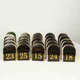 25 Pack Black Arch Table Numbers Tent Cards with Metallic Gold Foil 1-25 Numbers Print