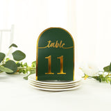 25 Pack Hunter Emerald Green Arch Table Numbers Tent Cards with Metallic Gold Foil