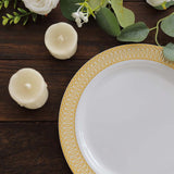 10 Pack White Disposable Party Plates With Beige Gold Spiral Rim, 10" Round Plastic Dinner 