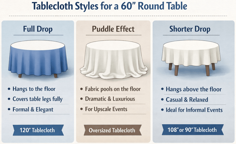 Chart showing 60-inch round tablecloth drop styles
