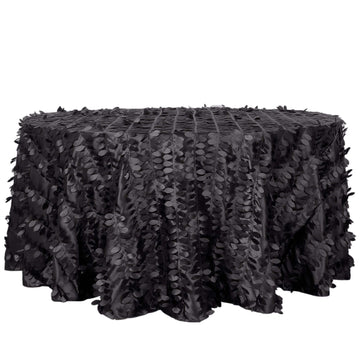 Taffeta 120" Round Tablecloth Black | 3D Leaf Petal Design Seamless Table Cover