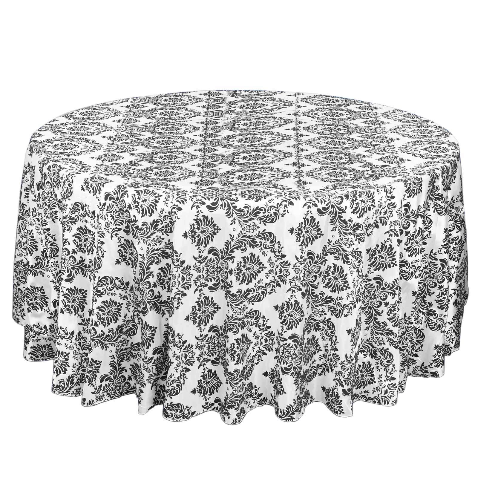 Taffeta 120" Round Tablecloth Black - Seamless Velvet Flocking Damask Design for Sophisticated Gatherings