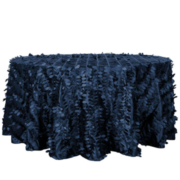 Taffeta 120" Round Tablecloth Navy Blue | 3D Leaf Petal Design Seamless Table Cover