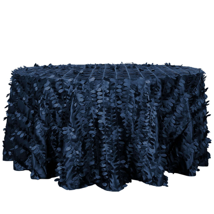 120inch Navy Blue 3D Leaf Petal Taffeta Fabric Round Tablecloth