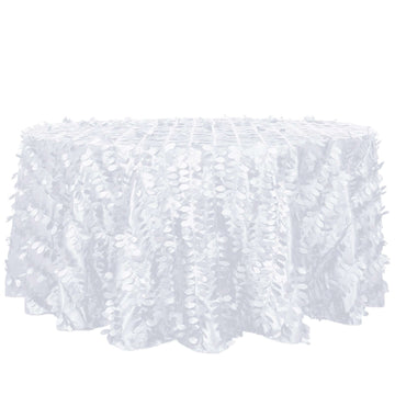 Taffeta 120" Round Tablecloth White | 3D Leaf Petal Design Seamless Table Cover for Chic Wedding & Event Decor