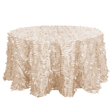 Taffeta 132" Round Tablecloth Beige | 3D Leaf Petal Design Seamless Table Cover