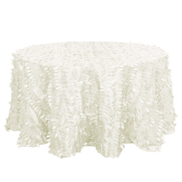 Taffeta 132" Round Tablecloth Ivory | 3D Leaf Petal Design Seamless Table Cover