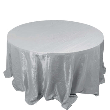 Taffeta 132" Round Tablecloth Silver - Seamless Accordion Crinkle Table Cover