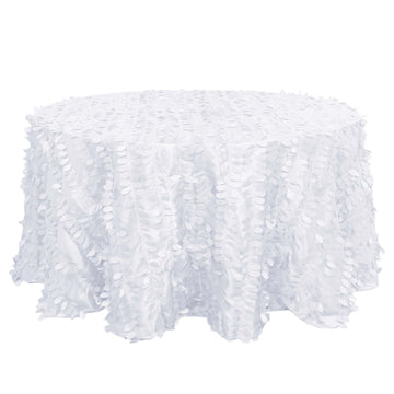 Taffeta 132" Round Tablecloth White 3D Leaf Petal Design Seamless Table Cover for Chic Wedding & Event Decor