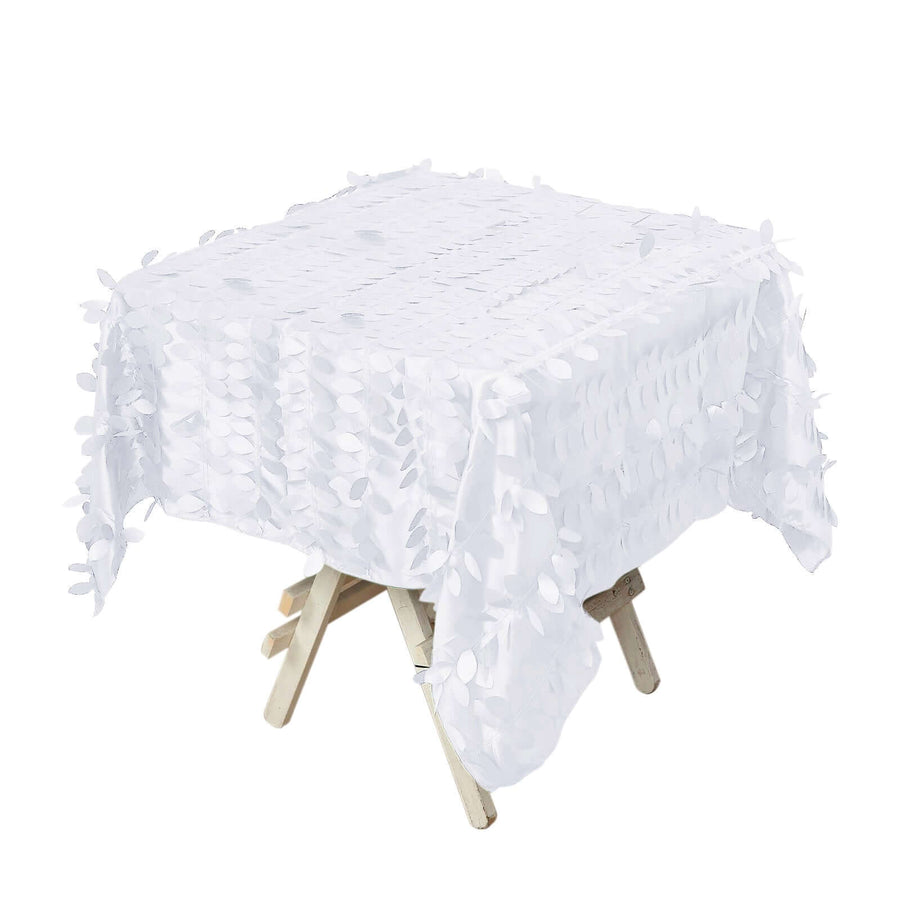 54" White 3D Leaf Petal Taffeta Fabric Square Tablecloth