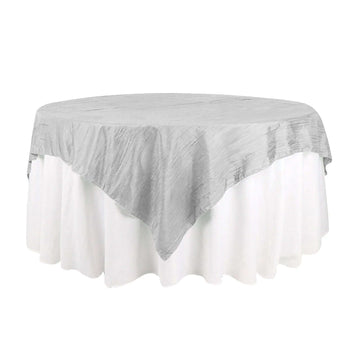 Taffeta 72"x72" Table Overlay Square Tablecloth Silver - Accordion Crinkle Table Cover