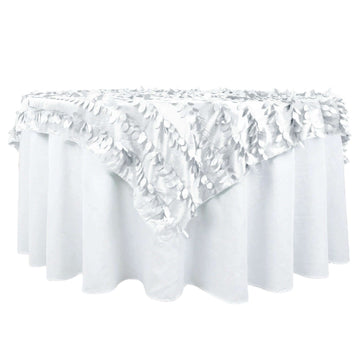 Taffeta 72"x72" Table Overlay Square Tablecloth White 3D Leaf Petal Design for Stylish Celebrations