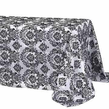 Taffeta 90"x132" Rectangle Tablecloth Black - Seamless Velvet Flocking Damask Design for Upscale Events