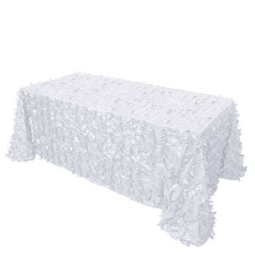 Taffeta 90"x132" Rectangle Tablecloth White | 3D Leaf Petal Design Seamless Table Cover for Stylish Wedding & Event Decor