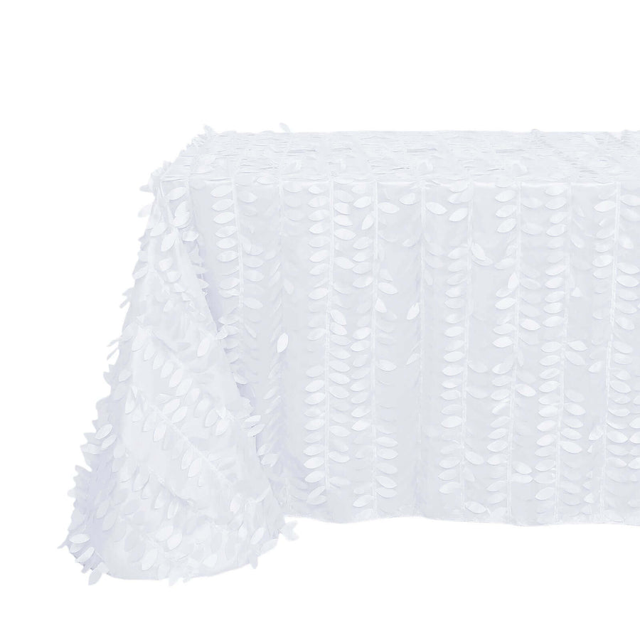 90x156inch White 3D Leaf Petal Taffeta Fabric Rectangle Tablecloth