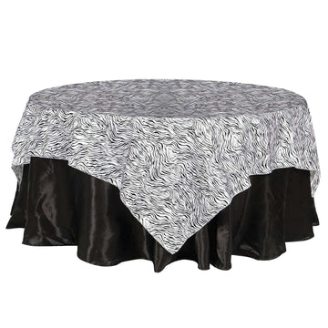 Taffeta 90"x90" Table Overlay Black and White - Tiger Print Tablr Topper for Jungle Theme