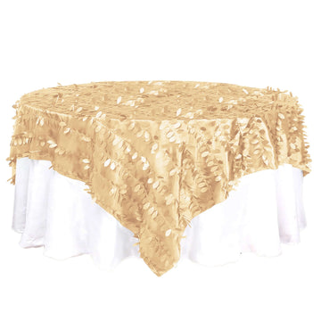 Taffeta 90"x90" Table Overlay Square Tablecloth Champagne - Leaf Petal Design for Stylish Celebrations