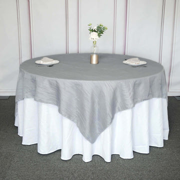 Taffeta 90"x90" Table Overlay Square Tablecloth Silver - Accordion Crinkle Table Cover