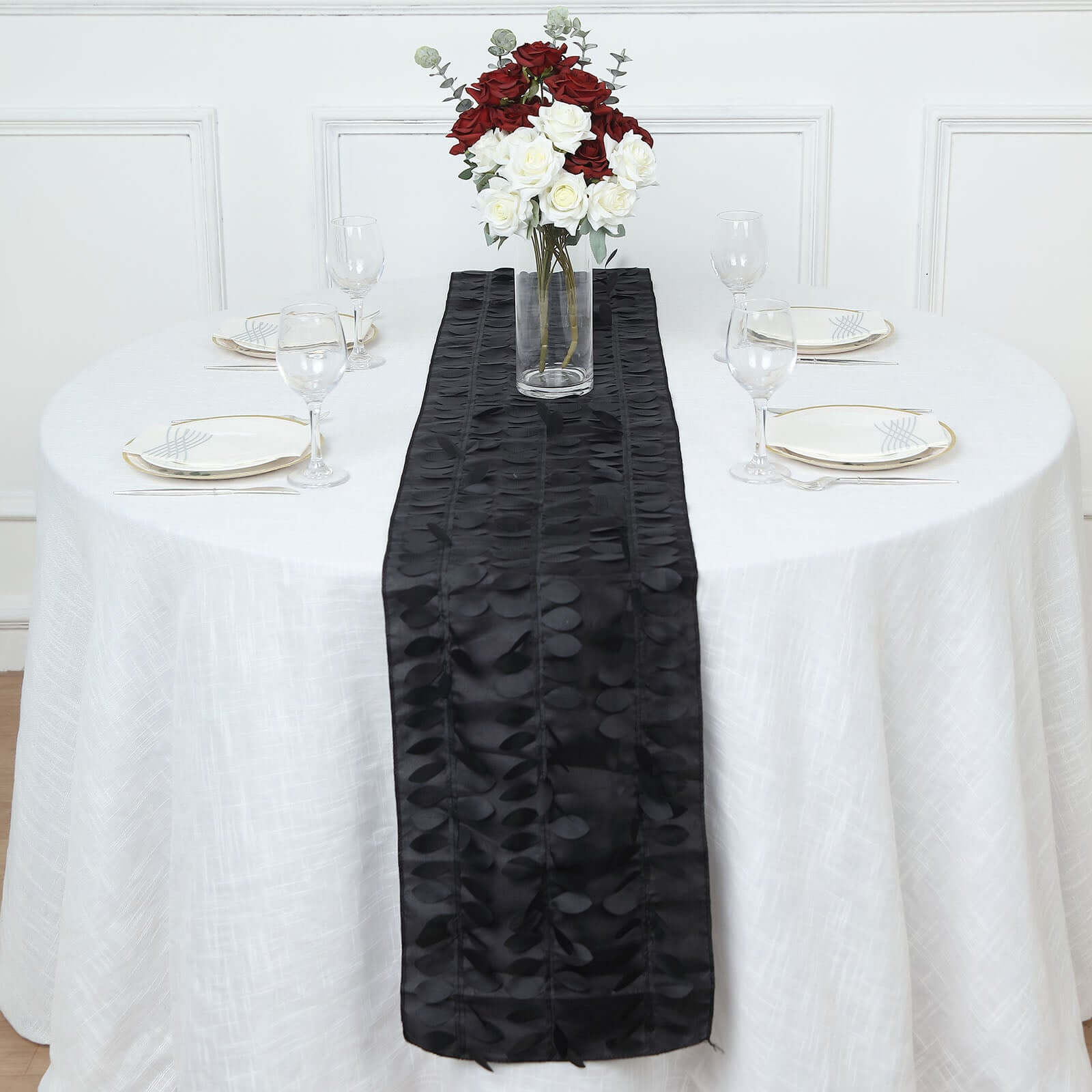 Taffeta Fabric 12"x108" Table Runner Black - 3D Leaf Petal Design