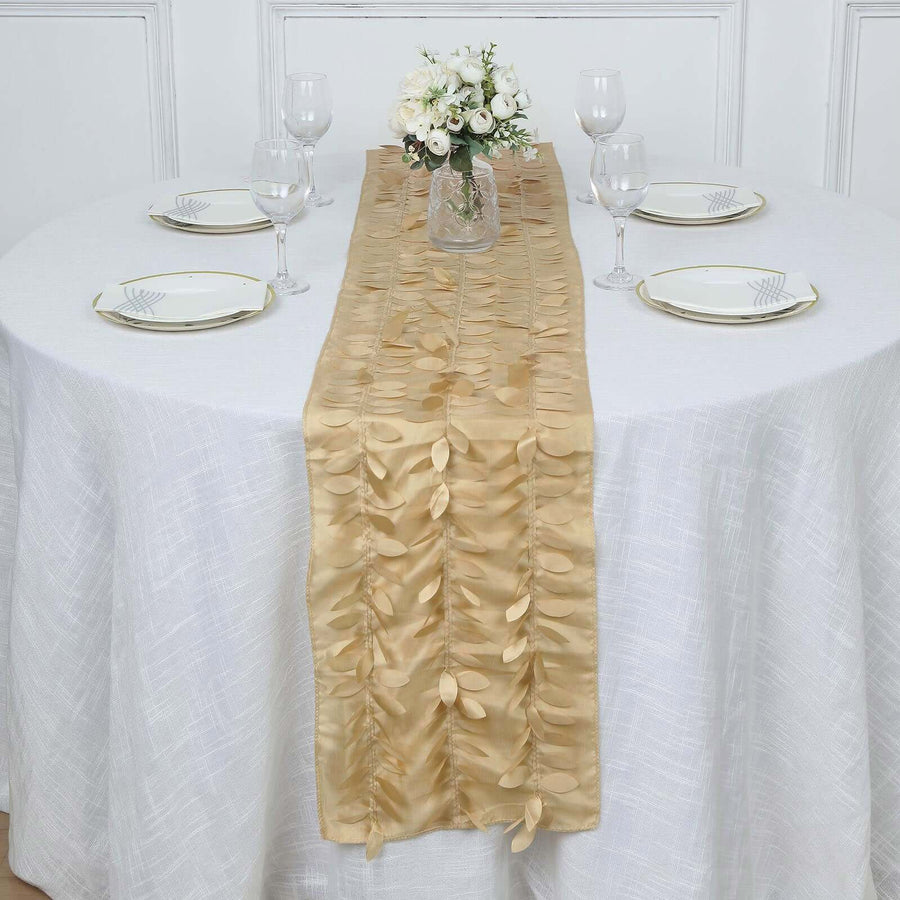 12inch x 108inch Champagne 3D Leaf Petal Taffeta Fabric Table Runner