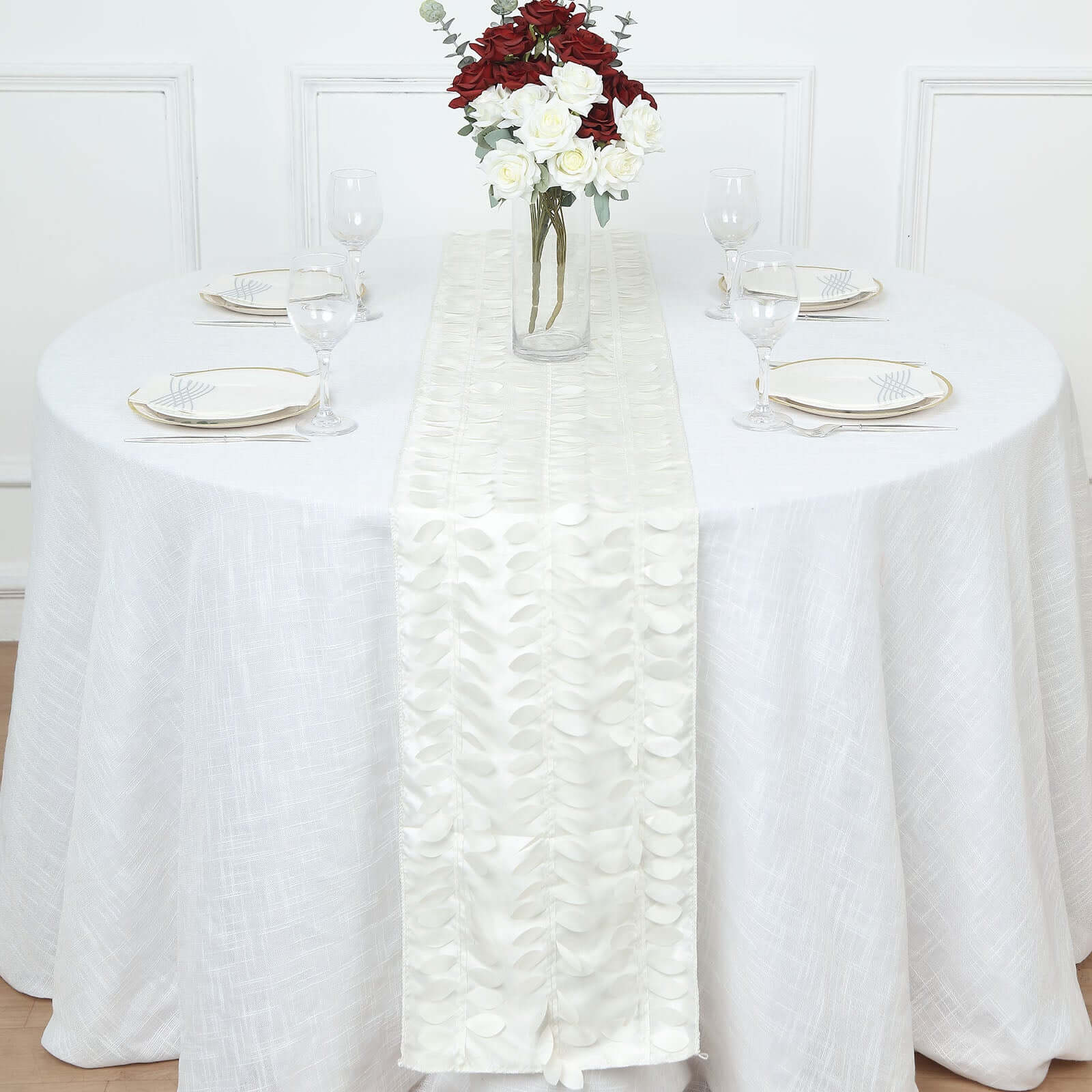 Taffeta Fabric 12"x108" Table Runner Ivory - 3D Leaf Petal Design