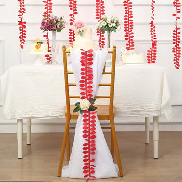 Taffeta Ribbon Sash with 4" Leaf Petal Design Red 50ft - Sophisticated Artificial Fabric Garland