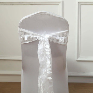 Taffeta Ribbon Sash with 4" Leaf Petal Design White 50ft - Sophisticated Artificial Fabric Garland for Events