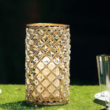 Gold Metal Crystal Beaded Pillar Votive Candle Holder Set, Multipurpose Crystal Flower Stem Vase