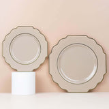 10 Pack | 11inch Taupe Heavy Duty Disposable Baroque Dinner Plates with Gold Rim