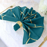 5 Pack | Peacock Teal With Geometric Gold Foil Cloth Polyester Dinner Napkins