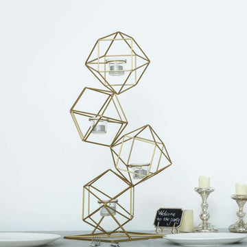 Tealight Candle Holder Metal Linked Geometric Design Gold with Votive Glass Holders - Sophisticated Decor for Tables & Gatherings 25"