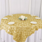 72x72inch Champagne 3D Rosette Satin Table Overlay, Square Tablecloth Topper