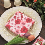 50 Pack | 2 Ply Soft Red / Pink Rose Design Paper Cocktail Napkins