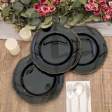 10 Pack | 9inch Black / Gold Scalloped Rim Disposable Dinner Plates