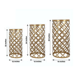 Set of 3 Gold Metal Cylinder Pillar Cake Display Stands, Round Mesh Plinth Pedestal Stand in Hollow