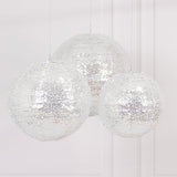 Set of 3 Glitter Silver Sequin Fabric Hanging Lanterns