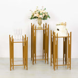 Set of 3 Gold Metal Plinths Cake Table Pedestal Stands With Square Acrylic Plates