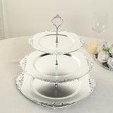 3-Tier Metallic Silver Plastic Cupcake Tower Stand with Embossed Baroque Rim, 13inch Round Cake