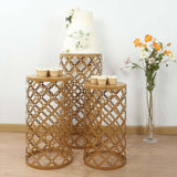 Set of 3 Gold Metal Cylinder Pillar Cake Display Stands, Round Mesh Plinth Pedestal Stand in Hollow