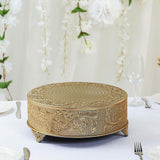 14inch Round Gold Embossed Cake Stand Riser, Matte Metal Cake Pedestal