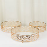 Set of 3 Baroque Ornate Gold Metal Cake Stands with Glass Top, Stackable Round Dessert Display Trays