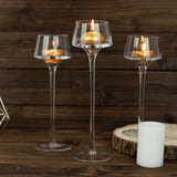 Set of 3 | Long-Stem Clear Glass Tealight Disc Candle Holders