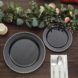 10 Pack | 10inch Black / Silver Beaded Rim Disposable Dinner Plates, Round Plastic Party Plates