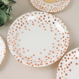 25 Pack | 9inch White Metallic Rose Gold Polka Dot Dinner Paper Plates